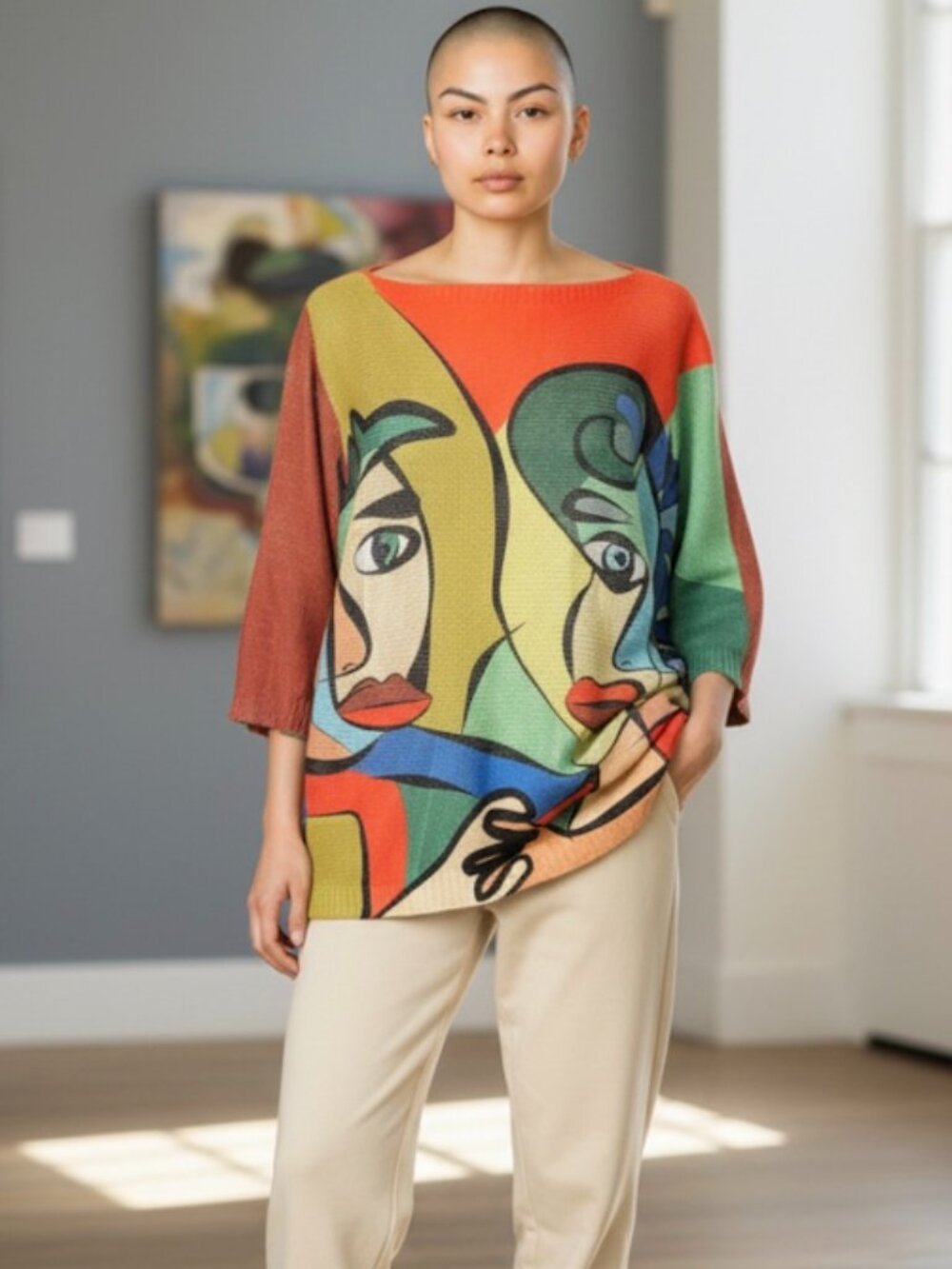 NWT YOLLY Italy Abstract Face Picaso Inspired Art Sweater Bold Multi-Color Sz 3